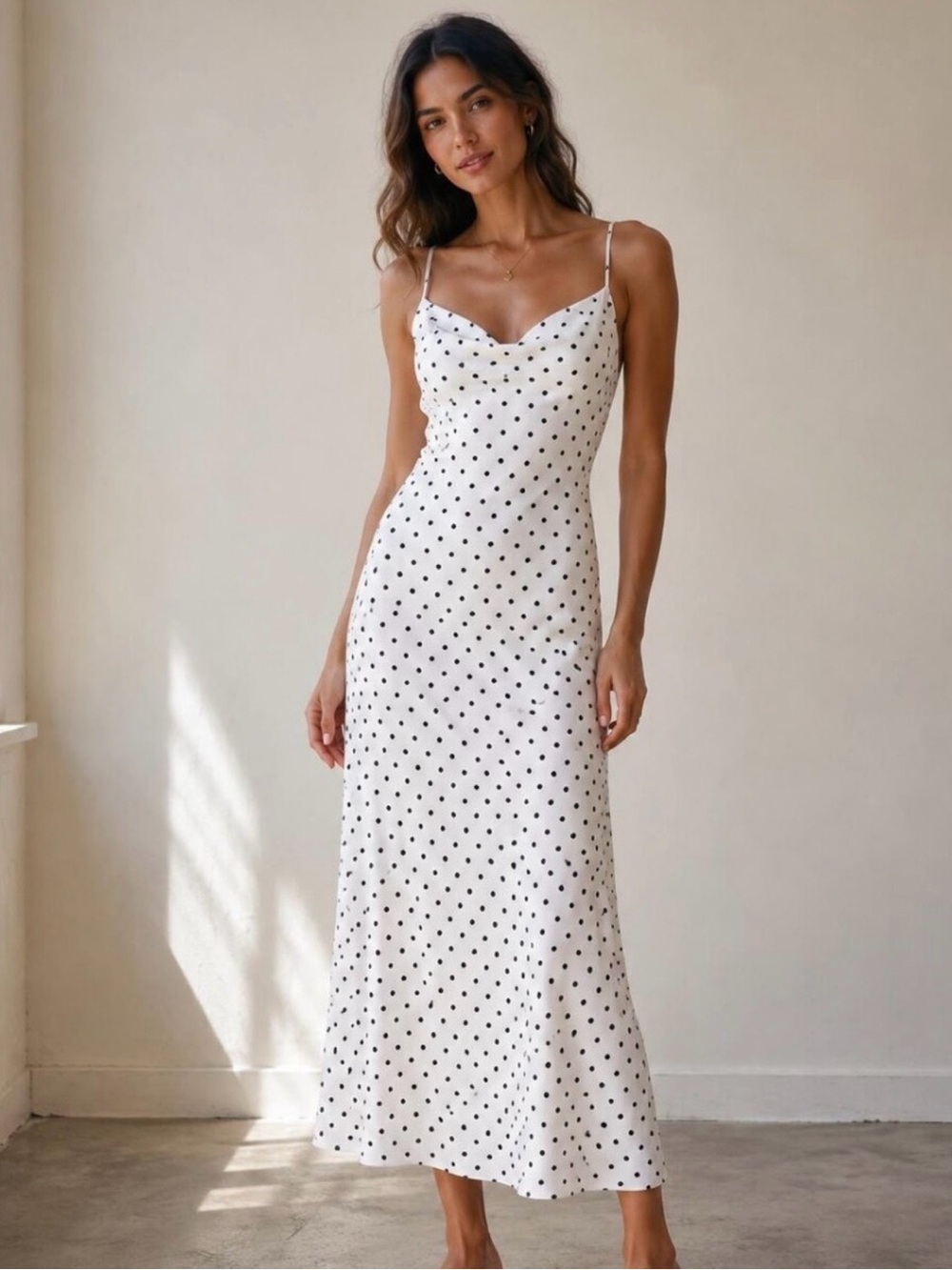 MNG White Polka Dot Slip Dress with Cowl Neck